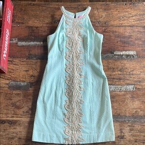 Lilly Pulitzer Mint Halter Mini Dress with Cream Embroidery